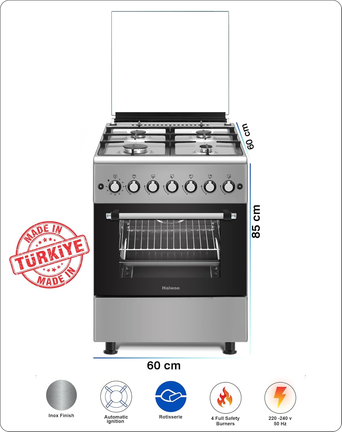 Haiwoo HCR6060HIX 60 × 60cm Freestanding Full Gas Cooking Range, 4 Euro Pool Gas Burners, Automatic Ignition, Flame-Failure Safety, Cast-Iron Pan Supports, Gas Oven and Grill, Rotisserie, Timer, Inox Finish – Made in Türkiye