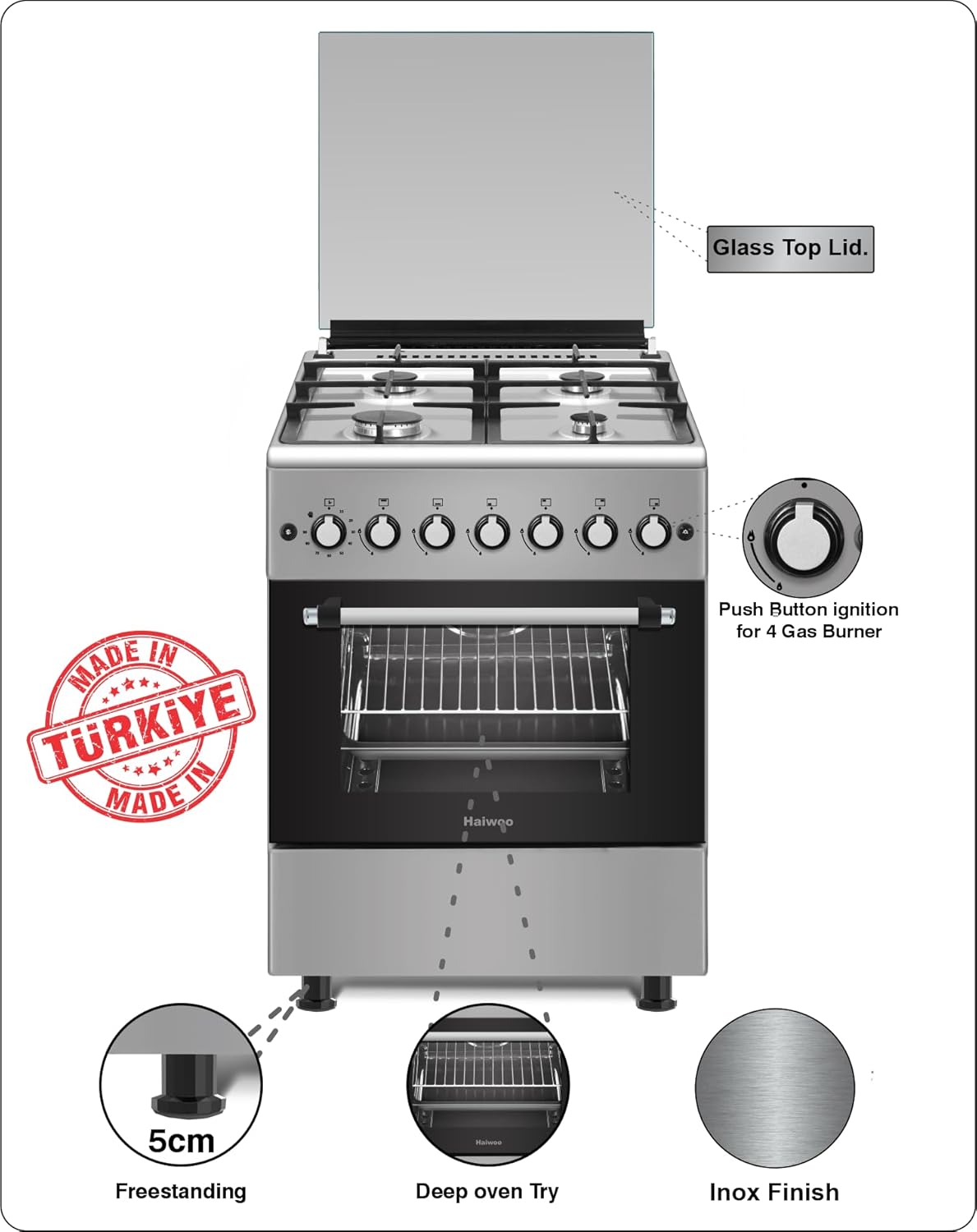 Haiwoo HCR6060HIX 60 × 60cm Freestanding Full Gas Cooking Range, 4 Euro Pool Gas Burners, Automatic Ignition, Flame-Failure Safety, Cast-Iron Pan Supports, Gas Oven and Grill, Rotisserie, Timer, Inox Finish – Made in Türkiye 3