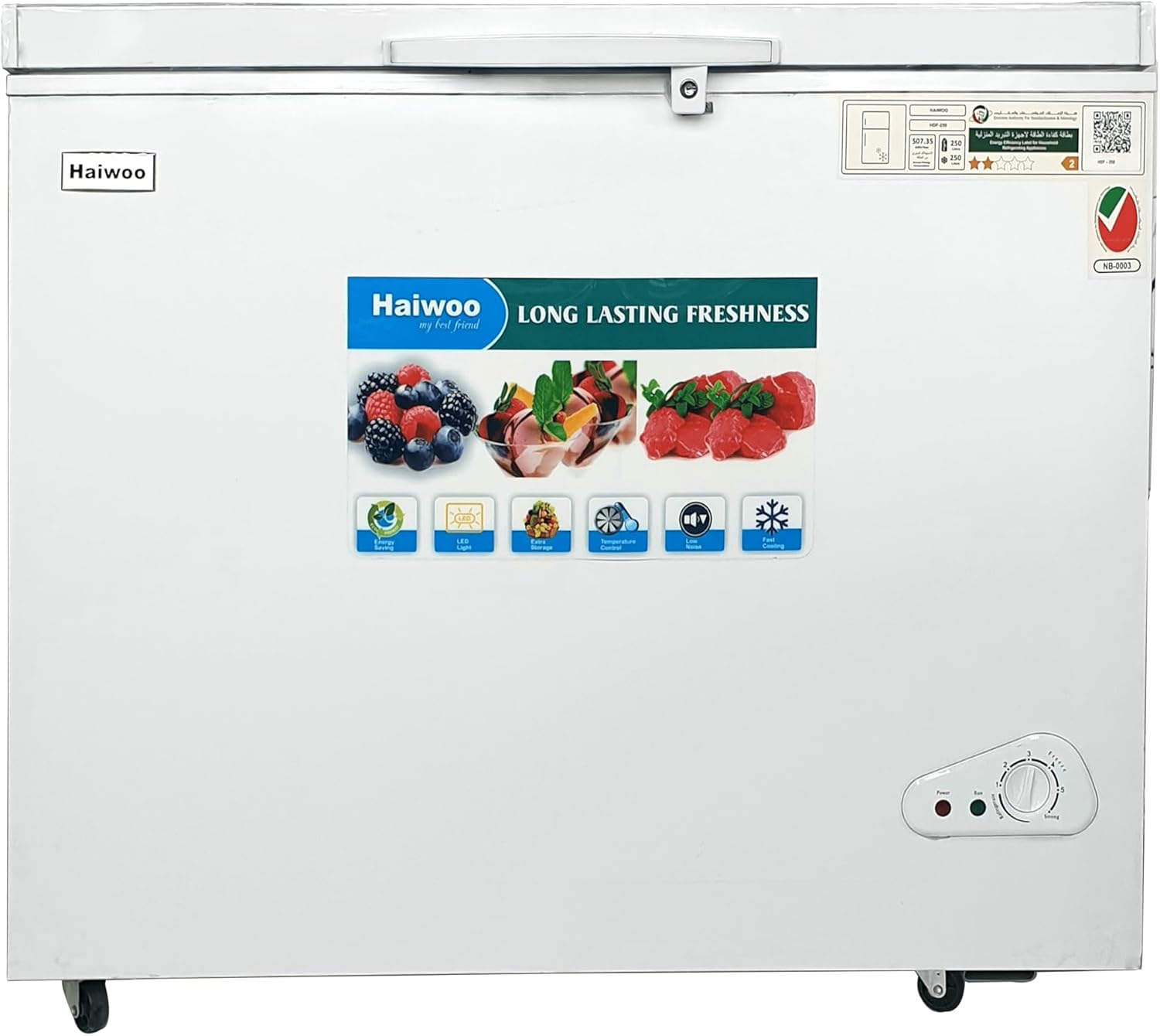 Haiwoo HDF-250 250L Elite Series Chest Freezer, Single Door with Inner Glass Lid, R600a CFC-Free Refrigerant, Mechanical Temperature Control, LED Interior Light, Storage Basket, 135-Hour Cold Retention, White – 1 Year Full and 5 Years Compressor Warranty