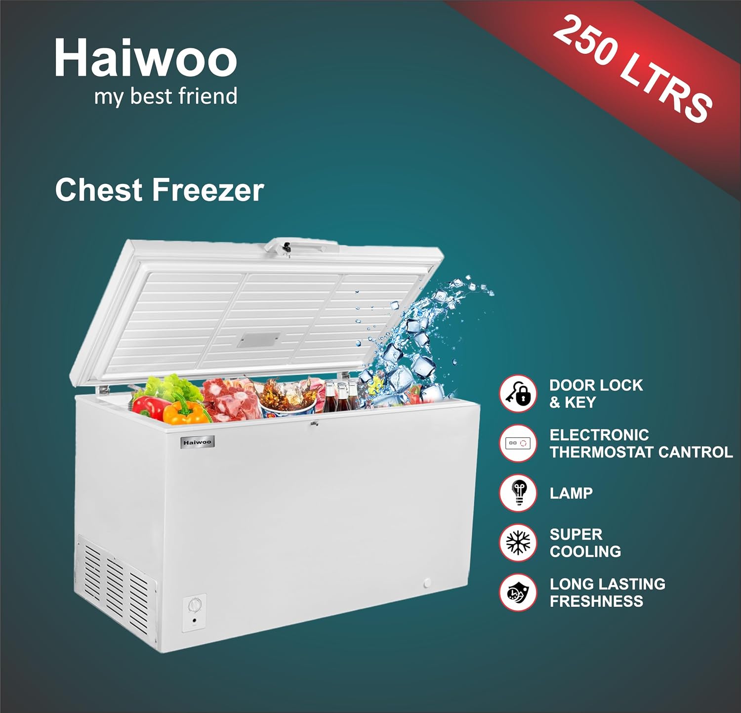 Haiwoo HDF-250 250L Elite Series Chest Freezer, Single Door with Inner Glass Lid, R600a CFC-Free Refrigerant, Mechanical Temperature Control, LED Interior Light, Storage Basket, 135-Hour Cold Retention, White – 1 Year Full and 5 Years Compressor Warranty