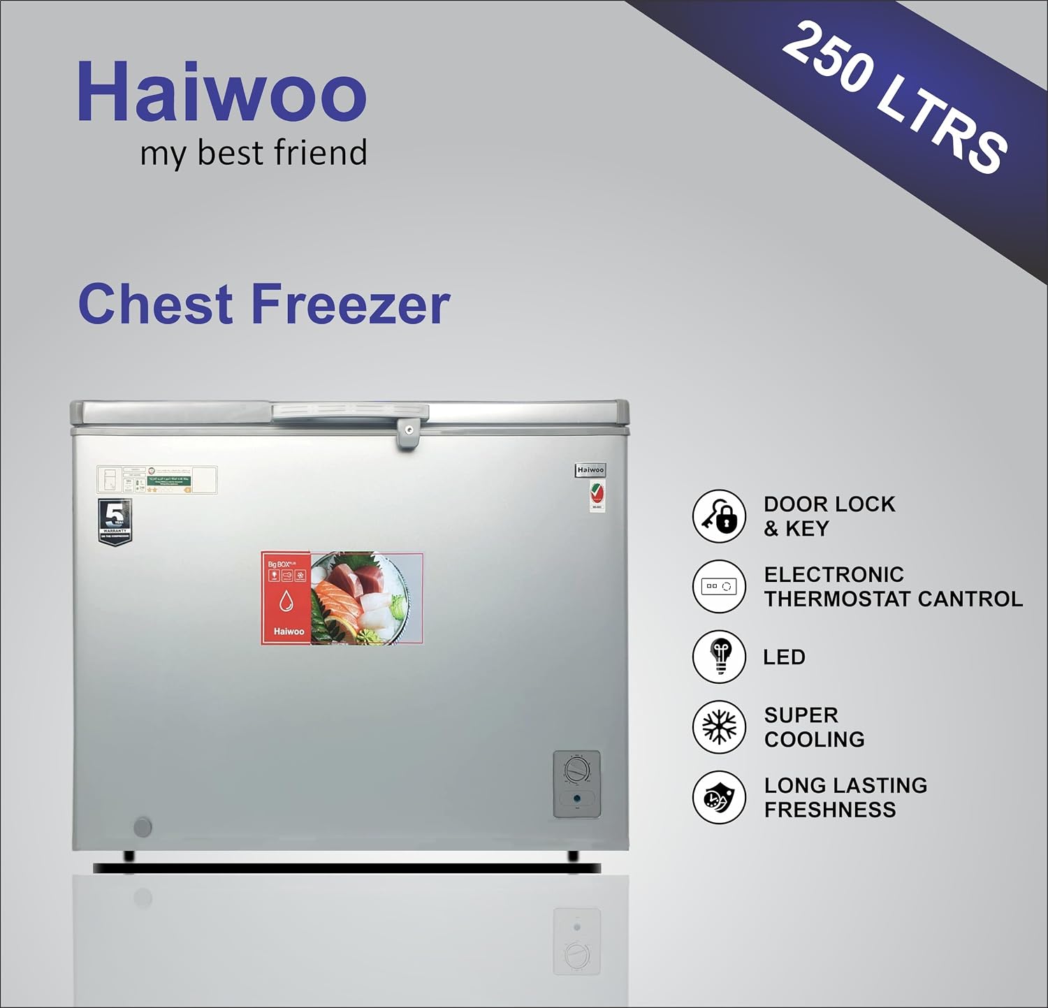 Haiwoo HDF-250WB 250L Elite Series Chest Freezer, Inner Sliding Glass Door, Super Cooling, Storage Basket, Lock and Key, R600a CFC-Free Refrigerant, LED Interior Light, Silver/Grey – 1 Year Full and 5 Years Compressor Warranty