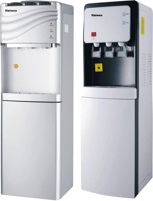 Haiwoo HWD-YLRS-01(V.1) Top-Loading Water Dispenser, 3 Taps for Hot, Normal and Cold Water, Compressor Cooling, R134a Refrigerant, Stainless Steel Water Tank, Lower Storage Cabinet, White