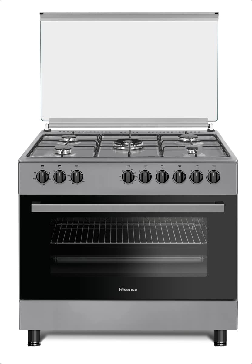 Hisense 90 × 60cm Freestanding Gas Cooker, 5 Gas Burners with Triple-Ring Wok Burner, 105L Multifunction Gas Oven, Dual Fan, One-Hand Auto Ignition, Double-Glazed Door, Storage Drawer, Stainless Steel – HGI9B20S