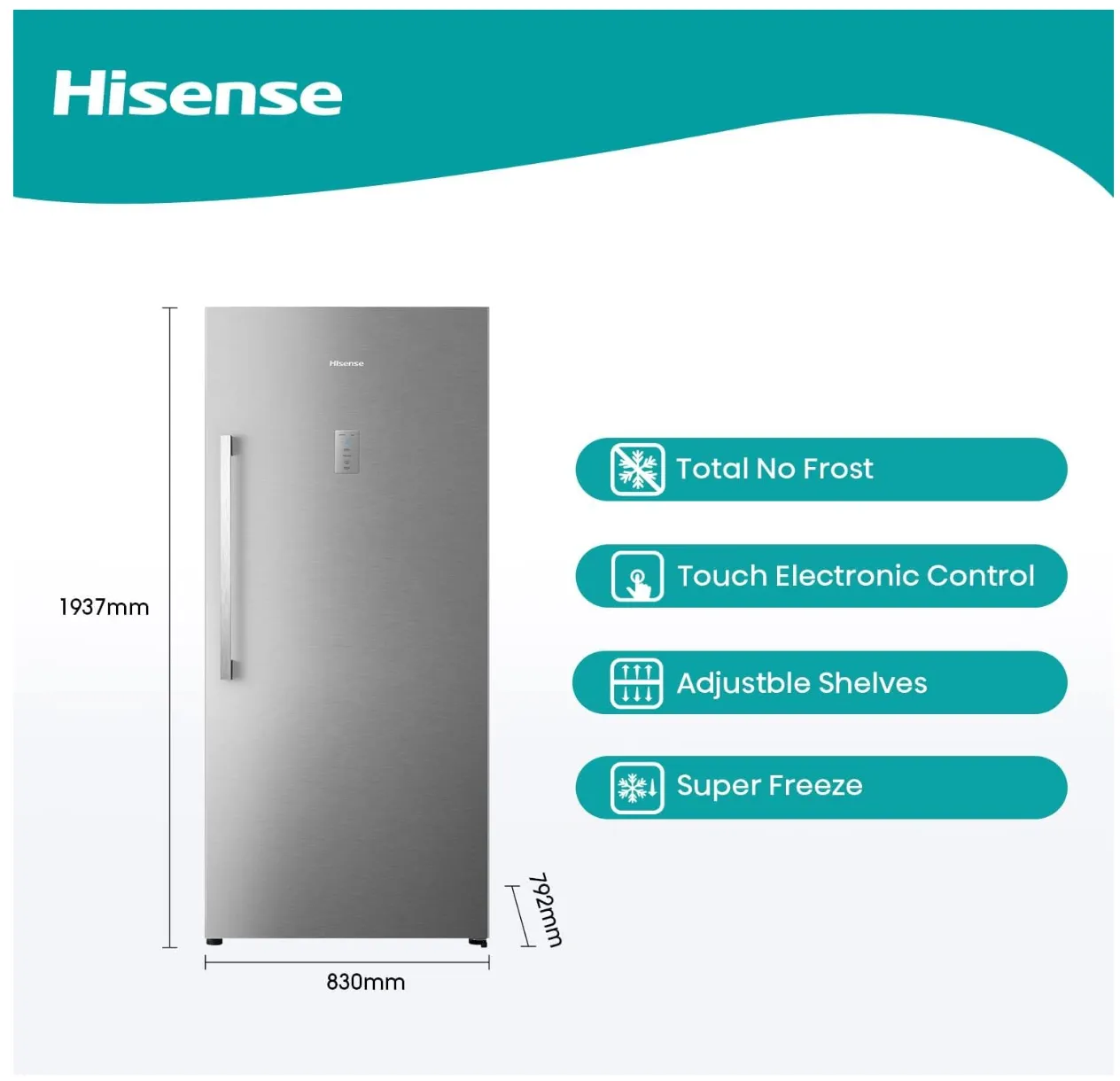 Hisense Freestanding Upright 592L Freezer, Super Freeze, Total No Frost, Touch Electronic Control, 83x79.2x193.7 cm (LxWxH), Silver Model FV769N4ASUD, 1 Year Full & 5 Years Compressor Warranty