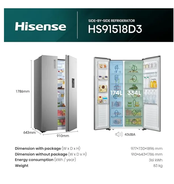 Hisense HS91518D, 670 Litres Side by Side Refrigerator with Water Dispenser, Inverter Compressor, No Frost Technology, Silver 2