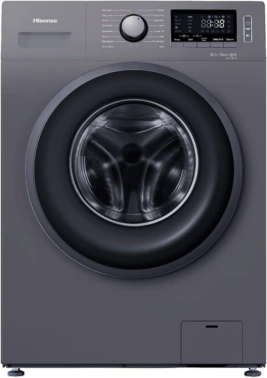 Hisense WFPV9014EMT 9kg Front Load Fully Automatic Washing Machine, Inverter Motor, 1400 RPM, 15 Wash Programs, Steam Wash, 15-Minute Quick Wash, Delay Start, Silver – 1 Year Full Warranty