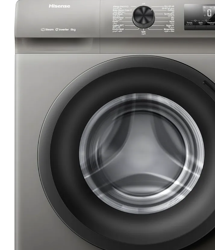 Hisense WFQP8012T 8 Kg Front Load Slim Drum Washing Machine, Inverter Motor 1200 RPM, Quick Wash, Pause & add Function, Allergy Steam Care, Titanium Grey