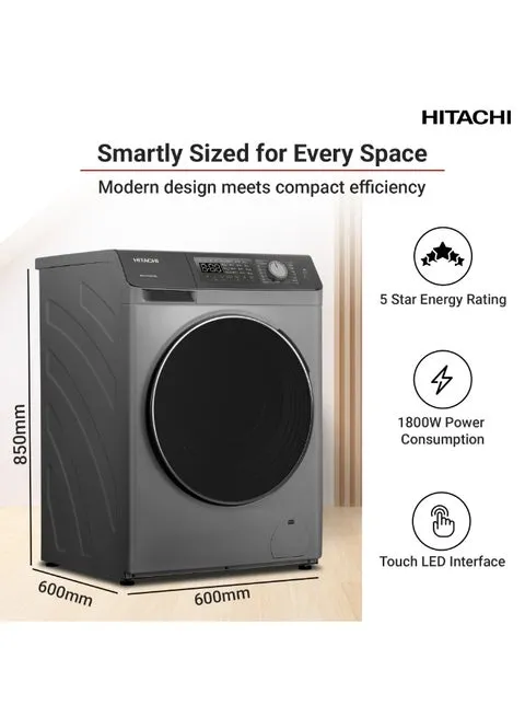 Hitachi Front Load Washer Dryer 8kg Wash / 5kg Dry, Inverter, Steam Wash, Hygiene Hot Wash, 1-Hour Wash & Dry, Anti-Wrinkle, Touch LED panel | Dark Grey | BD-D802HVOS 8 kg 1800 W BD-D802HVOS Dark Grey 3