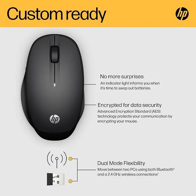 HP Dual Mode Mouse 300, 2.4GHz Wireless & Bluetooth Mouse, Adjustable 1200–3600 DPI, 2 Programmable Thumb Buttons, 15-Month Battery Life, Black 4