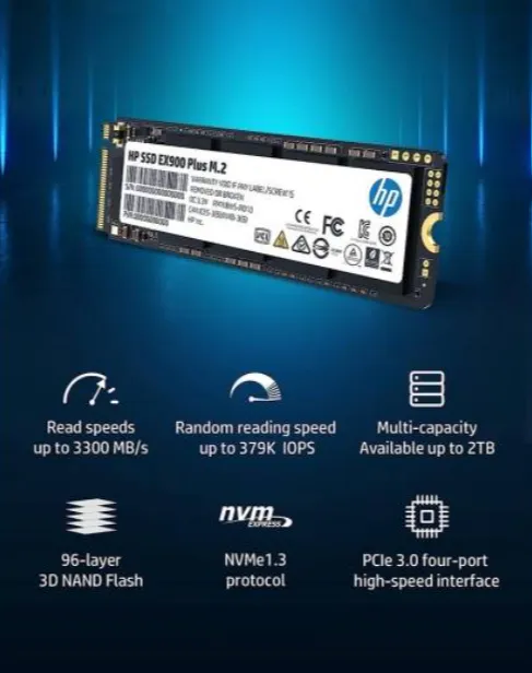 HP EX900 Plus 512GB M.2 2280 PCIe Gen3x4 NVMe Internal SSD – 3D NAND, Up to 3300MB/s Read & 2700MB/s Write