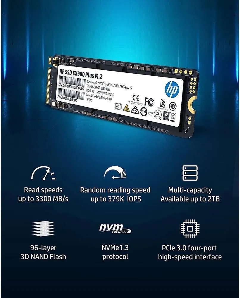 HP EX900 Plus NVMe PCIe M.2 Interface SSD, 1TB Capacity, Read Speed up to 3300 MB/s, Write Speed up to 2700 MB/s, PCIe GEN 3 x4, 8 Gb/s, 3D NAND Flash | 35M34AA#UUF