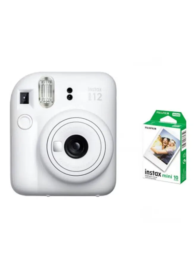 Instax Mini 12 Instant Film Camera With Pack Of 10 Films Clay White