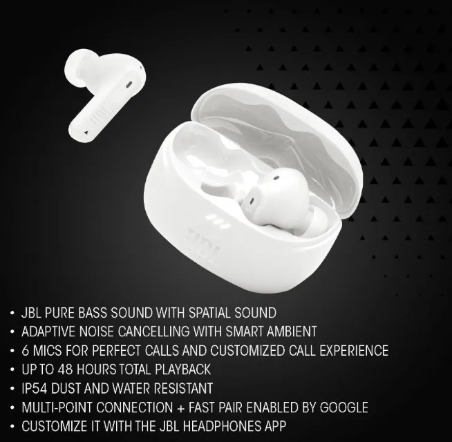 JBL Tune Beam 2 True Wireless Adaptive Noise Cancelling with Smart Ambient Earbuds, Personi-Fi 3.0, Multi-point connection, 6-Mics Technology, 48H Battery, Water and Dust Resistant - JBLTBEAM2BLK