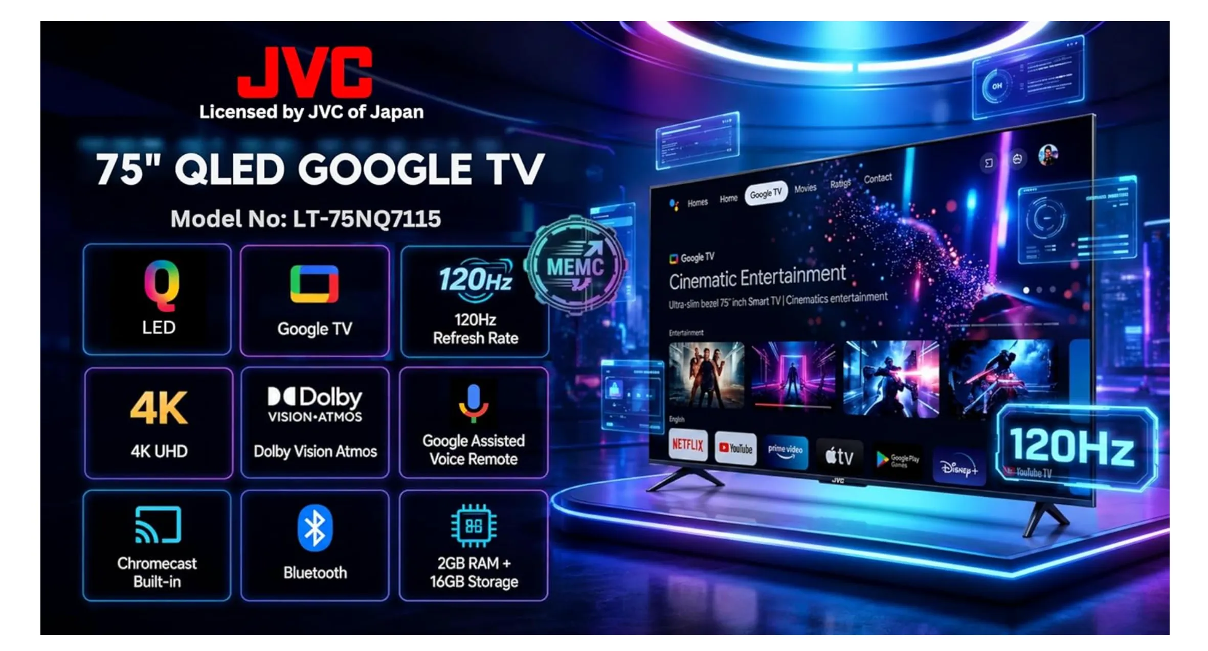 JVC 75 Inch Edgeless QLED 4K UHD Google Smart TV | 120Hz Refresh Rate | Google Assistant Voice Remote | Dolby Vision Atmos | Quad-Core Processor | Built-in Chromecast | Bluetooth - LT-75NQ7115 2