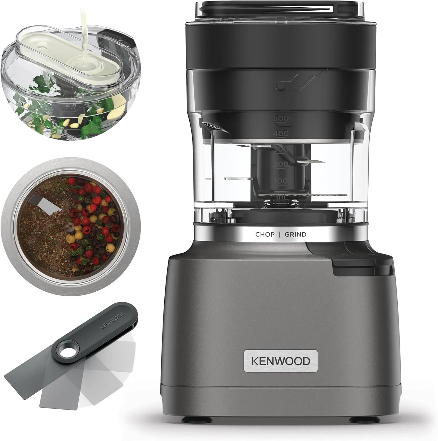 KENWOOD 2-in-1 Chopper + Grinder 800W Powerful Metal Grinder and Electric Chopper with Eversharp Quadblades, Dripper Pro, Spatula for Wet Chopping & Dry Grinding CHP80.000SI Grey
