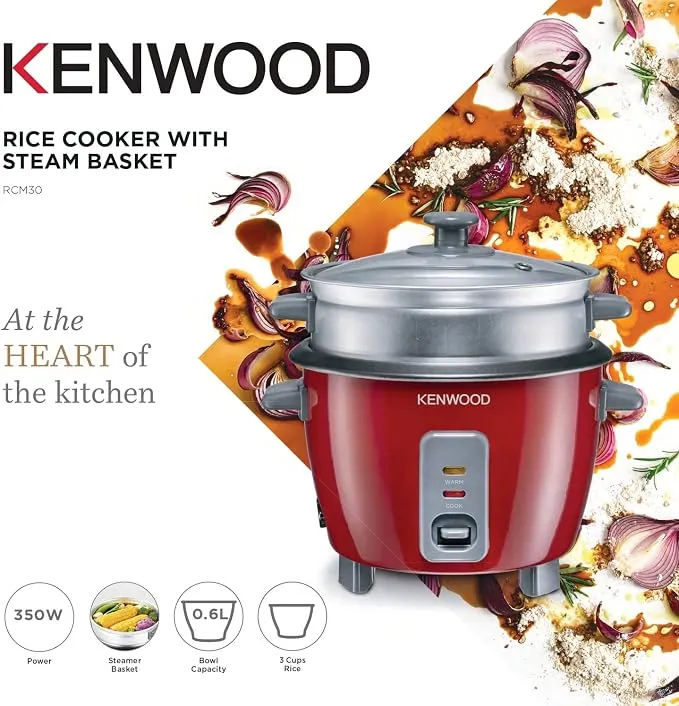 KENWOOD 2-in-1 Rice Cooker 0.6L 3-Cups Rice with Food Steamer Basket, Non-Stick Cooking Pot, Temepered Glass Lid, Warm/Cook Lights, Spatula Holder, Detachable Cord RCM30.000RD Red 2