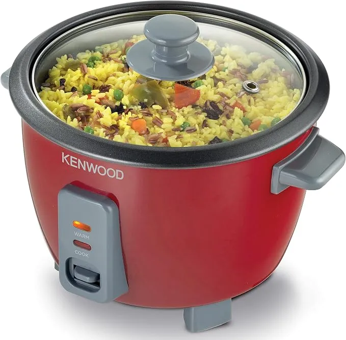 KENWOOD 2-in-1 Rice Cooker 0.6L 3-Cups Rice with Food Steamer Basket, Non-Stick Cooking Pot, Temepered Glass Lid, Warm/Cook Lights, Spatula Holder, Detachable Cord RCM30.000RD Red 3