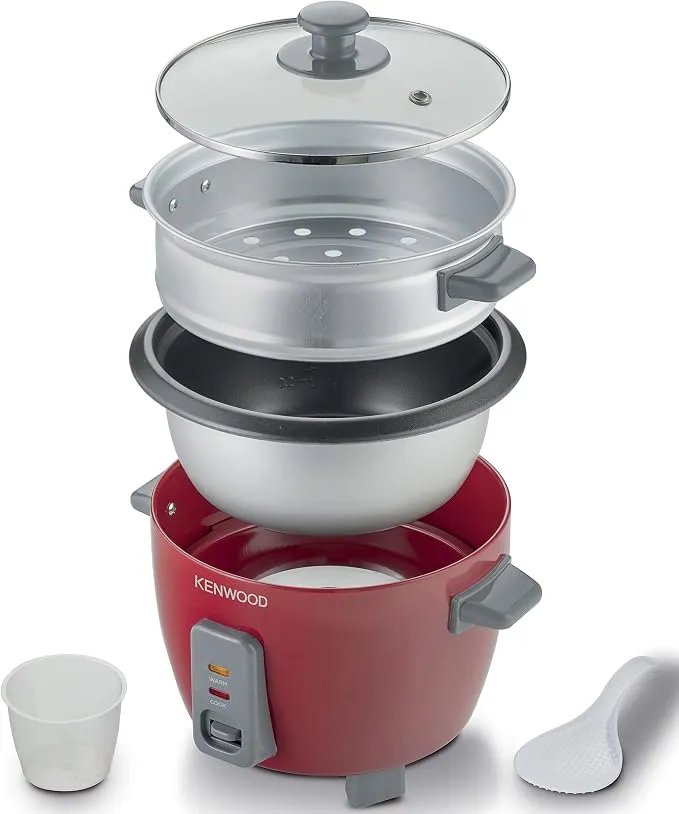 KENWOOD 2-in-1 Rice Cooker 0.6L 3-Cups Rice with Food Steamer Basket, Non-Stick Cooking Pot, Temepered Glass Lid, Warm/Cook Lights, Spatula Holder, Detachable Cord RCM30.000RD Red 4