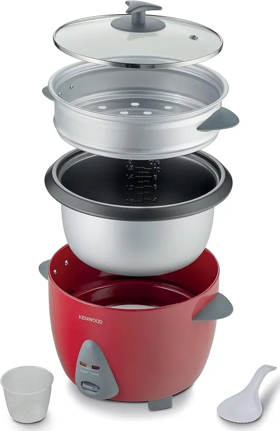 KENWOOD 2-in-1 Rice Cooker 1.8L 10-Cups Rice with Food Steamer Basket, Non-Stick Cooking Pot, Temepered Glass Lid, Warm/Cook Lights, Spatula Holder, Detachable Cord RCM45.000SS Silver