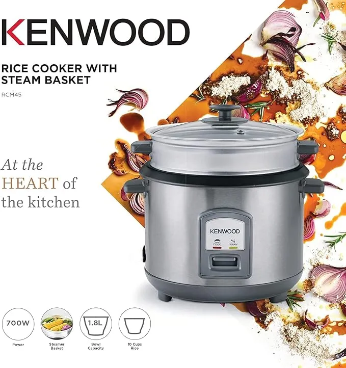 Kenwood 2 in 1 rice cooker 10-cups with food steamer basket, 1.8l, 700 watts, non-stick cooking pot, silver, rcm45.000ss - international warranty
