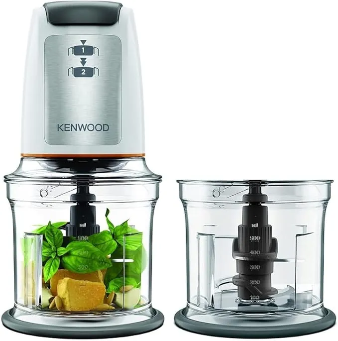 KENWOOD Chopper 500W Electric Food Chopper with 2 x 500ml Bowl, Dual Speed, Stainless Steel Quad Blade, Multi Mayo Mayonnaise Attachment, Spatula, Ice Crush Function CHP61.200WH White