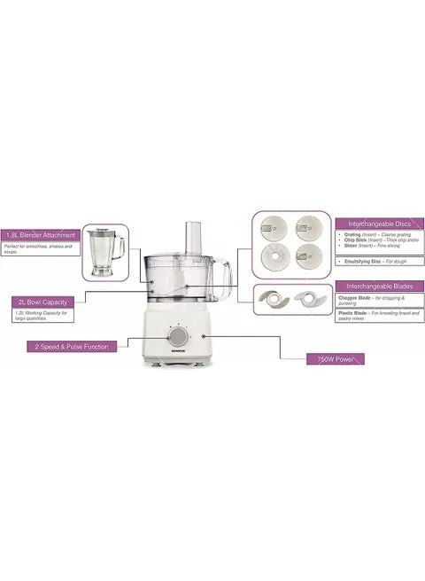 Kenwood Food Processor, Blender, Whisk & Dough Maker 2L 750W FDP03.C0WH White 3