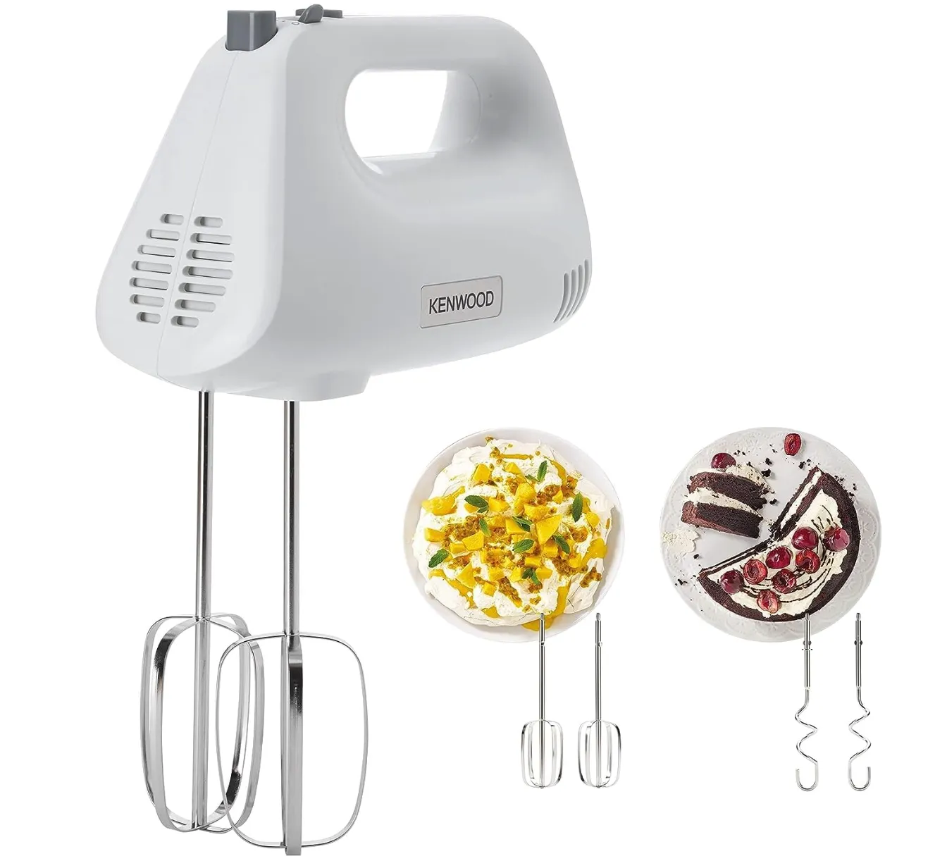 Kenwood Hand Mixer (Electric Whisk) 450W With 5 Speeds + Turbo Button, Twin Stainless Steel Kneader And Beater For Mixing, Whipping, Whisking, Kneading Hmp30.A0Wh White