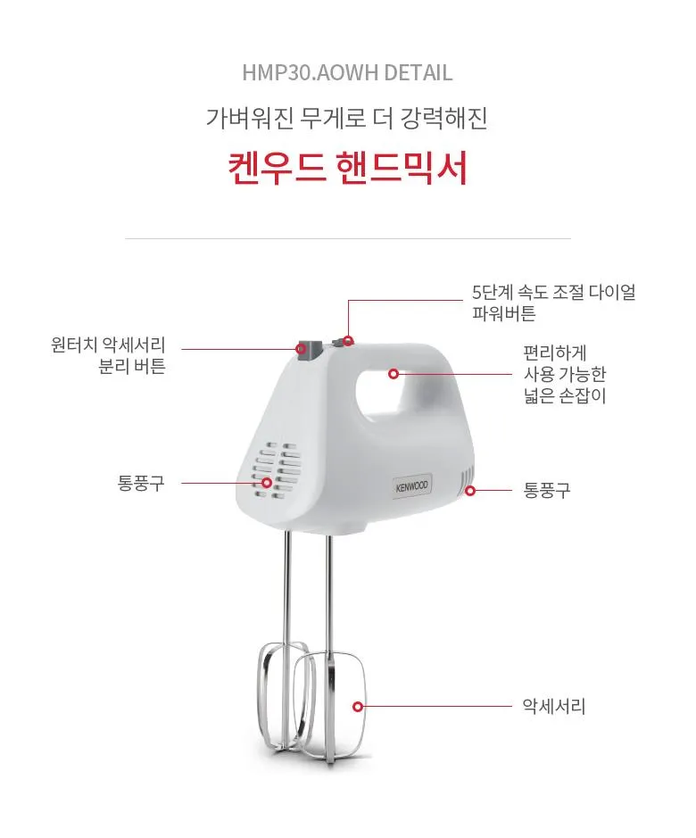 Kenwood HandMix Lite Hand Mixer 450W, 5 Speeds + Turbo, Stainless Steel Beaters & Dough Hooks, White – HMP30.A0WH 2