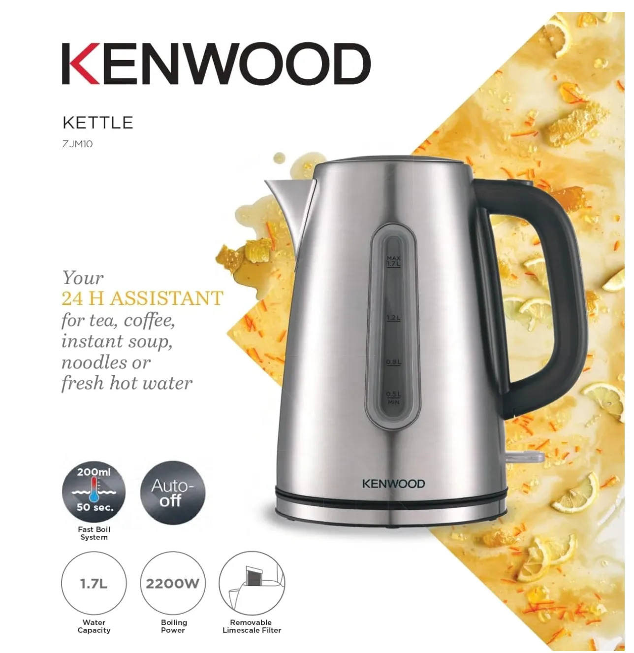 Kenwood Kettle, Stainless Steel, 2200W, 1.7L, Removable Mesh Filter, ZJM10.000SS, Silver 2
