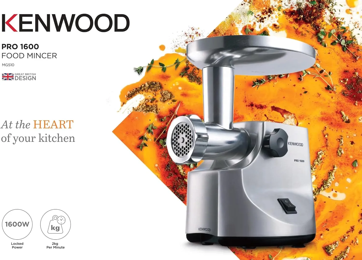 KENWOOD Meat Grinder 1600W Powerful Metal Body Meat Mincer with Kibbeh Maker, Sausage Maker, Feed Tube Pusher, 3 Stainless Steel Screens for Fine, Medium & Coarse Results MG510 Silver 2