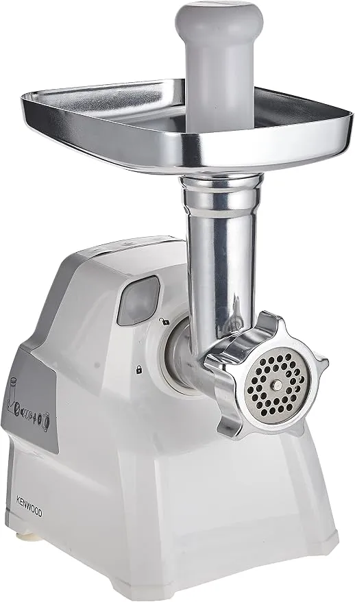 KENWOOD Meat Grinder 2100W Meat Mincer with Kibbeh Maker, Sausage Maker, Biscuit Attachment, Feed Tube Pusher, 3 Stainless Steel Screens for Fine, Medium & Coarse Results MGP40.000WH White