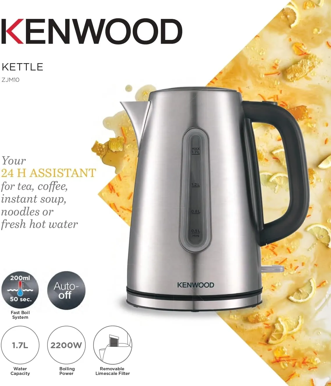 Kenwood Metal Kettle, 1.7L, 2200W, ZJM10, Silver/Black 3