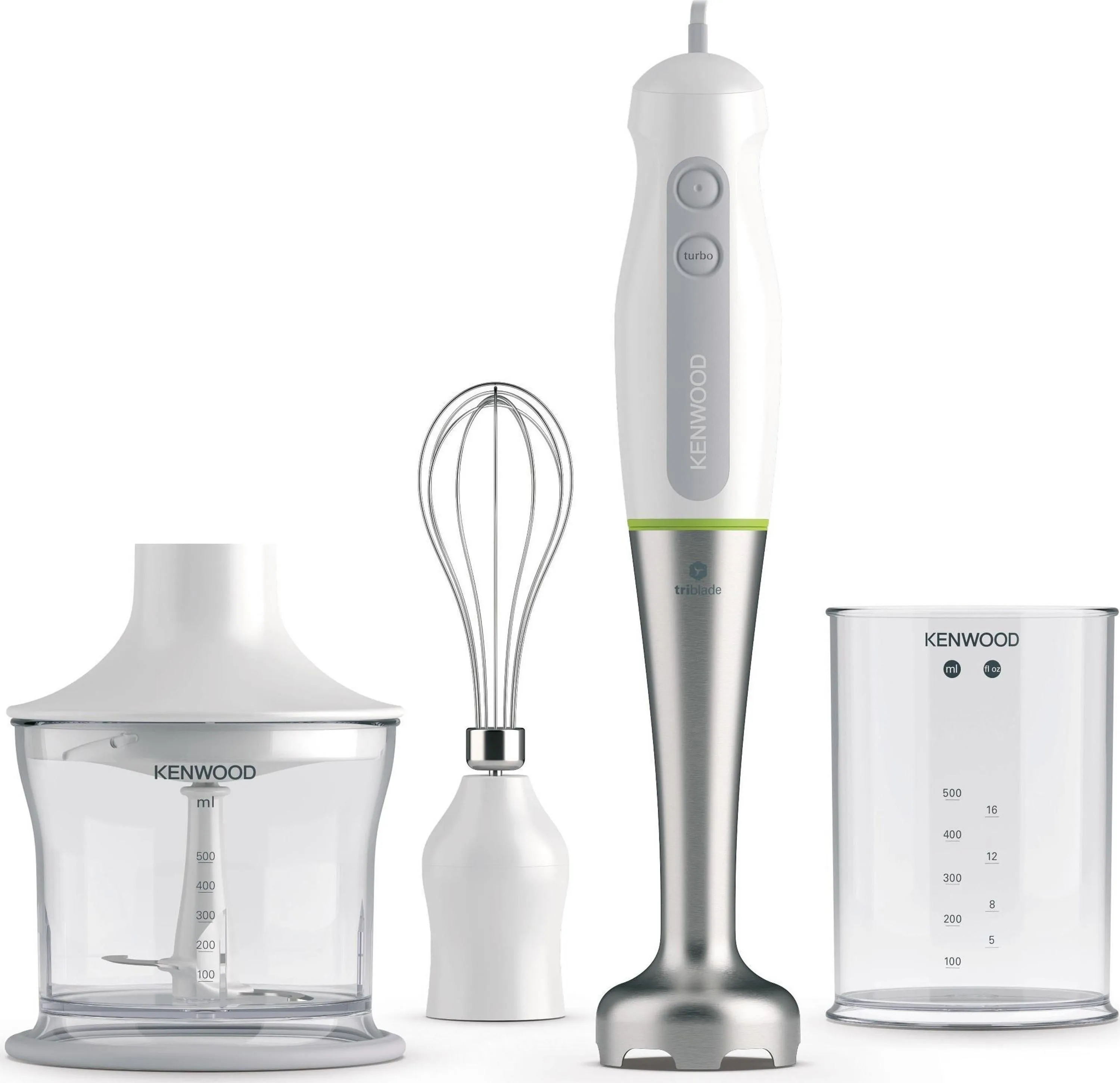 Kenwood Triblade Hand Blender 600W with Chopper, Whisk & 500ml Beaker, White – HDP109WG