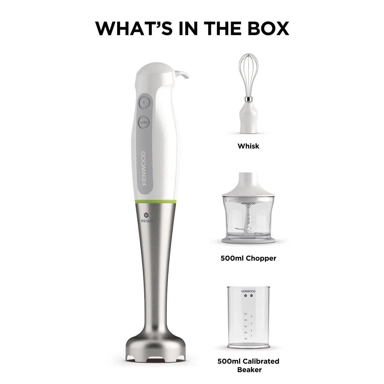 Kenwood Triblade Hand Blender 600W with Chopper, Whisk & 500ml Beaker, White – HDP109WG 3