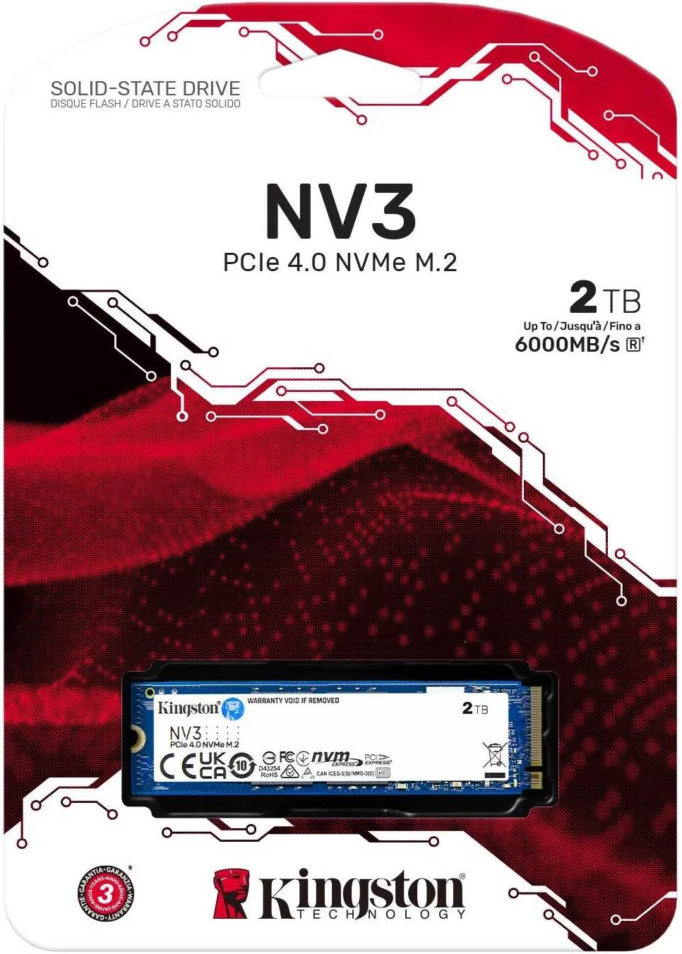 Kingston 2TB NV3 SSD M.2 2280 PCIe 4.0 NVMe, Read: 6,000/ Write: 4,000MB/s SNV3S/2000G 3