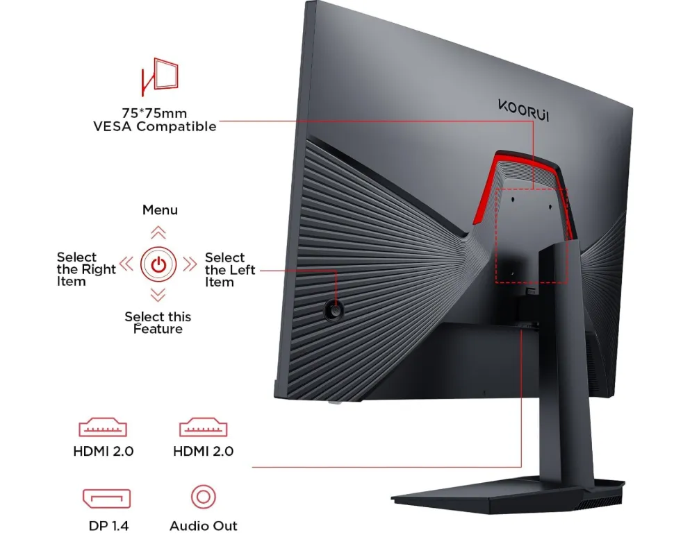 KOORUI Gaming Monitor 24-inch IPS FHD 1080p, 200Hz 1ms HDR400 90% DCI-P3 Color Gamut, Adaptive Sync Ultra Slim Frame, VESA Mountable, HDMI x 2, DisplayPort, Black, G2411P 5