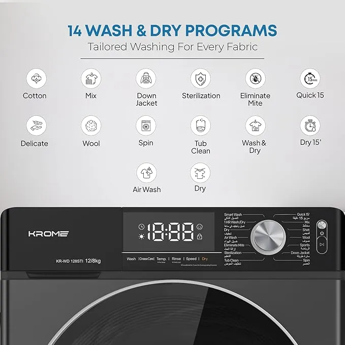 Krome 12KG/8KG Front Load Washing Machine – KR-WD128STI 2