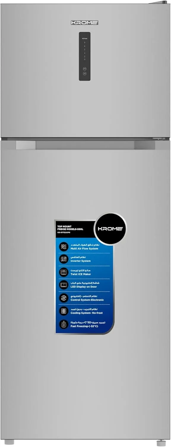 Krome 500L Double Door Top Mount Refrigerator with Inverter Compressor, Total No Frost Cooling, Multi Air Flow System, LED Display, Twist Ice Maker, Humidity Controlled Crisper, Door Alarm & Silver Finish – KR-RFF600MII
