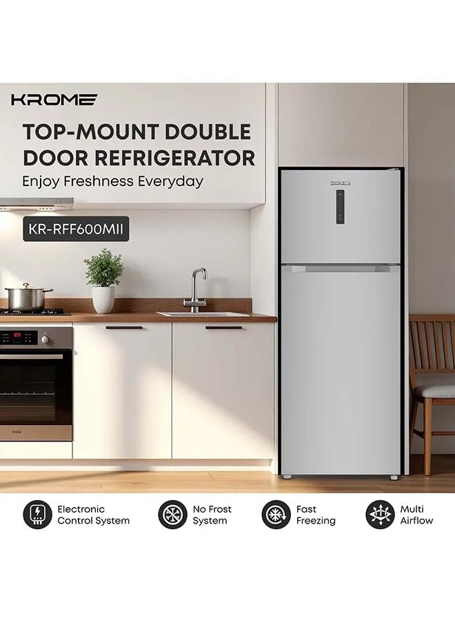 Krome 500L Double Door Top Mount Refrigerator with Inverter Compressor, Total No Frost Cooling, Multi Air Flow System, LED Display, Twist Ice Maker, Humidity Controlled Crisper, Door Alarm & Silver Finish – KR-RFF600MII