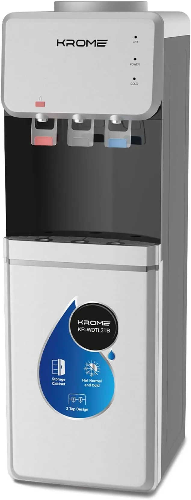 KROME Bottom Loading Water Dispenser, Hot, Cold and Normal Water, Floor Standing, Made with SUS 304 Tank and Food-grade Silicone Gel Tube, Child Lock For Hot Water, Silver & Black KR-WDBL 3TB.