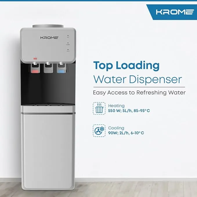 KROME Bottom Loading Water Dispenser, Hot, Cold and Normal Water, Floor Standing, Made with SUS 304 Tank and Food-grade Silicone Gel Tube, Child Lock For Hot Water, Silver & Black KR-WDBL 3TB.