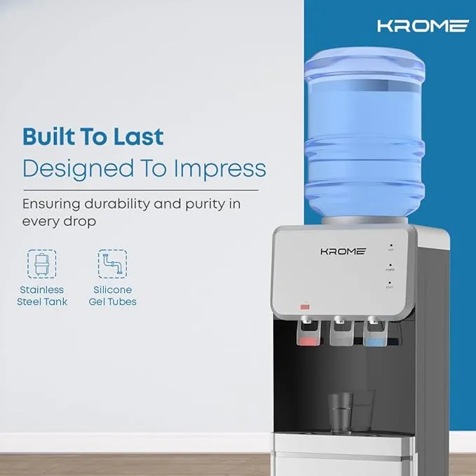 KROME Bottom Loading Water Dispenser, Hot, Cold and Normal Water, Floor Standing, Made with SUS 304 Tank and Food-grade Silicone Gel Tube, Child Lock For Hot Water, Silver & Black KR-WDBL 3TB. 3