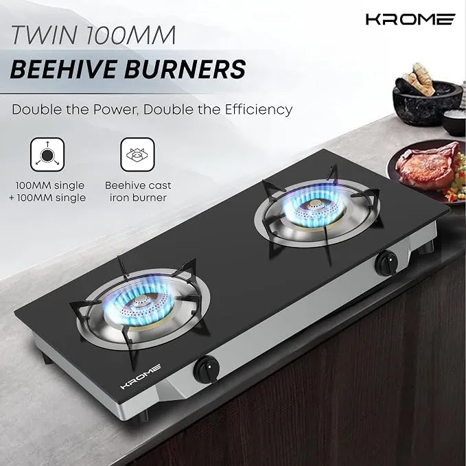 Krome Gas Stove 2 Burners, Auto Piezo Ignition, Double Brass Burners, 100MM Brass Burner Cap, LPG Cooktop, Enamel Square Pan Support, Flame Failure Device, Tempered Glass Panel, Black - KR-GGFC2070 3