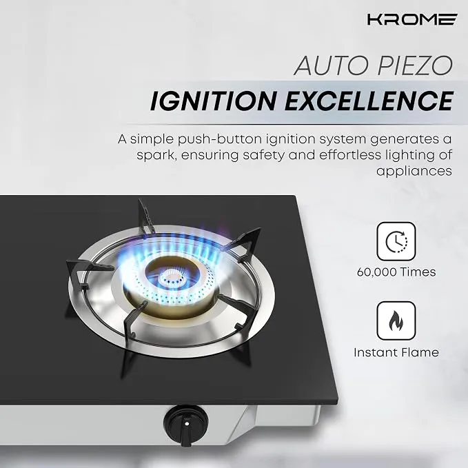 Krome Gas Stove 2 Burners, Auto Piezo Ignition, Double Brass Burners, 100MM Brass Burner Cap, LPG Cooktop, Enamel Square Pan Support, Flame Failure Device, Tempered Glass Panel, Black - KR-GGFC2070 4