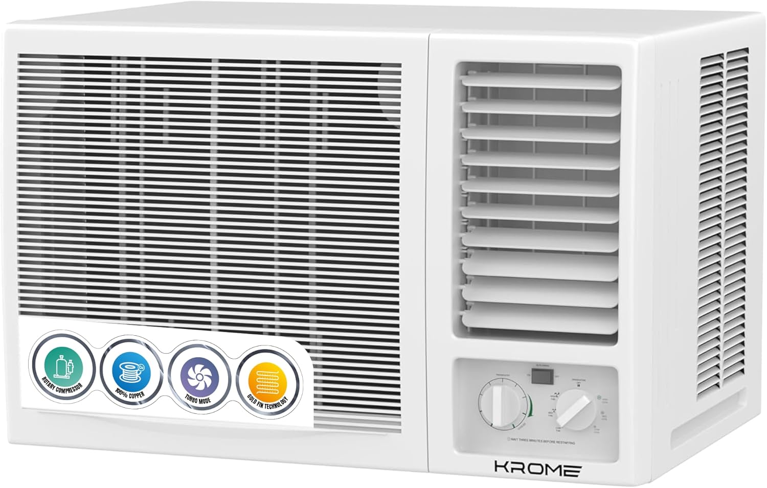 KROME KR-AWR24ST3 2 Ton Window Air Conditioner, 24,000 BTU, R410A Refrigerant, Rotary Compressor, Mechanical Controls, Turbo Cooling Mode, Cooling-Only Operation, White