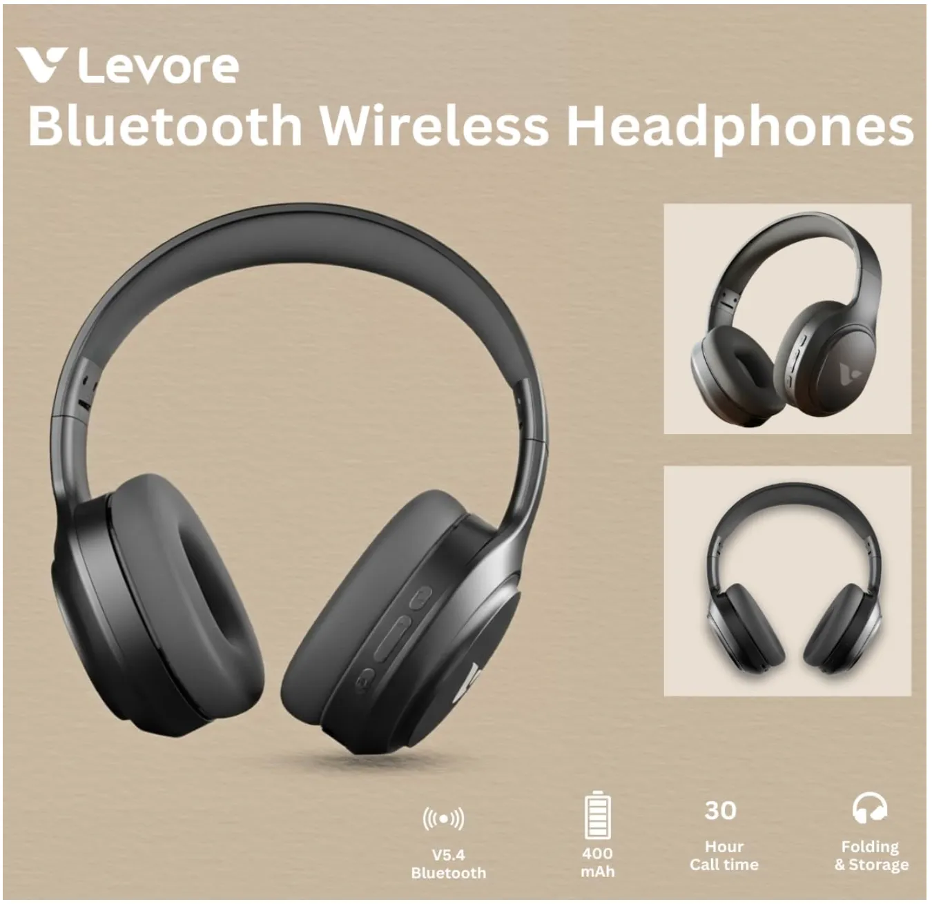 LEVORE Bluetooth Headphones LHB53-BK | Wireless Over-Ear Headset with Deep Bass, Built-in Mic, Long Battery Life & Comfortable Design – Black 5