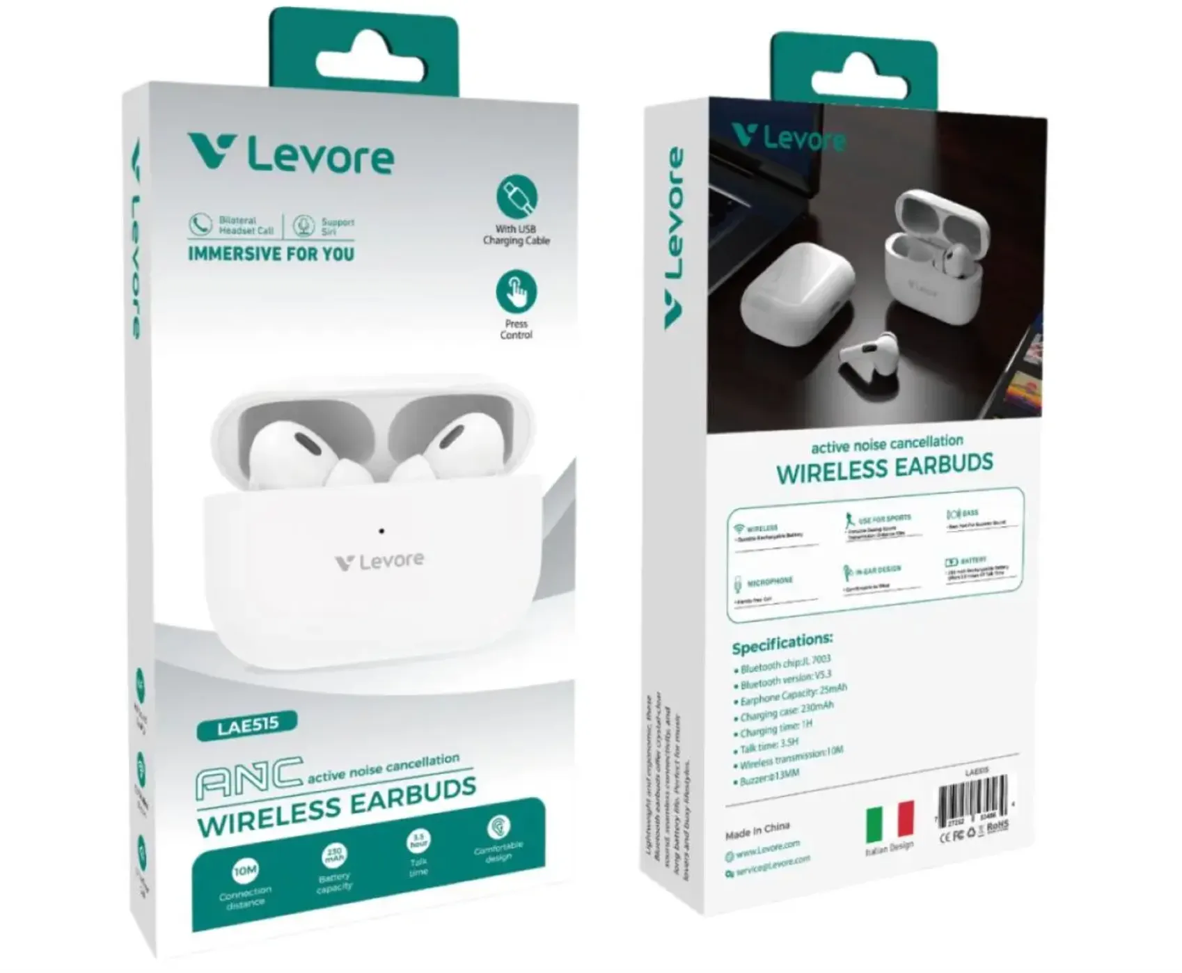 Levore LAE515 True Wireless Earbuds White