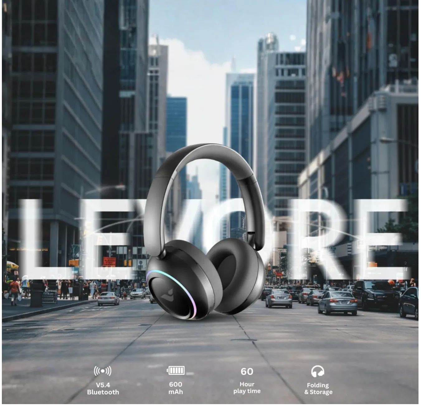 LEVORE LHB62-BK Bluetooth Headphones with Active Noise Cancellation (ANC), Wireless Over-Ear Headset, Deep Bass, 40H Playtime, Fast Charging, Built-in Mic – Black 4