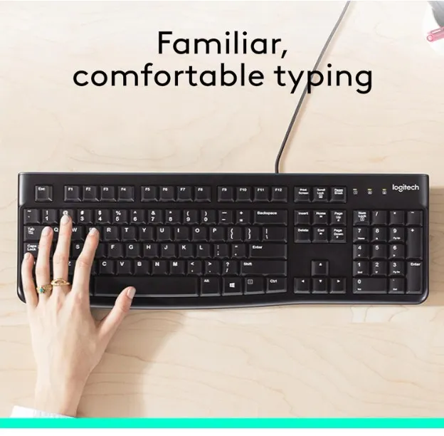 Logitech K120 Wired Keyboard for Windows, USB Plug and Play, Full Size, Spill Resistant, Curved Space bar PC / Laptop, English Layout Black, 2229310