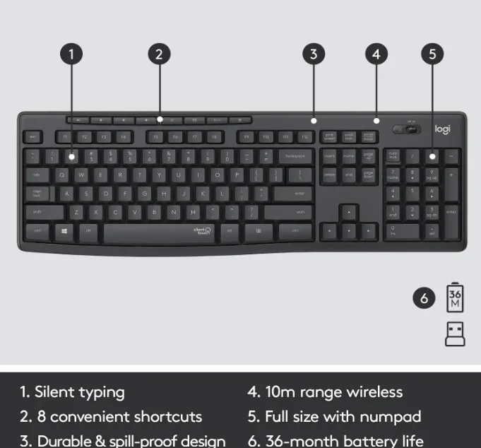 Logitech MK295 Silent Wireless Mouse & Keyboard Combo with SilentTouch Technology, Full Numpad, Advanced Optical Tracking, Lag-Free Wireless, 90% Less Noise, QWERTY UK English Layout - Black 5